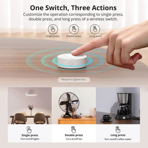 Zigbee 3 Point 0 Wireless Push Button Switch For Smart Home Scenes Two Pack Works With eWeLink App Trigger Actions By Single Tap Double Tap And Long Press, white round button