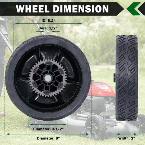 4 Pack 8 Inch Lawn Mower Wheel Kit For Honda HRN216 Front And Rear Replacements Includes Two 8x2 Inch Front Wheels And Two 8x2 Inch Rear Wheels Bore 1/2 Inch Fits 42710-VR8-N00ZA And 44710-VR8-N00ZA Rugged Heavy Duty Plastic with wheel dimensions