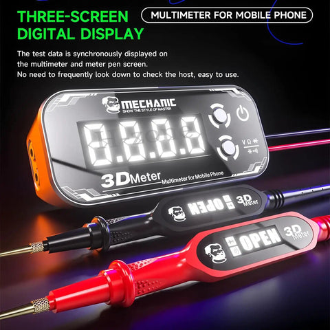 Detective 3.0 3D Meter Multimeter With 3D Triple Display for mobile phone and PCB diagnostics, gold-plated needle tips shown.