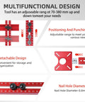 Multifunctional design of 4-in-1 tool showing adjustable range, positioning and punching, suitable for precise woodworking tasks.