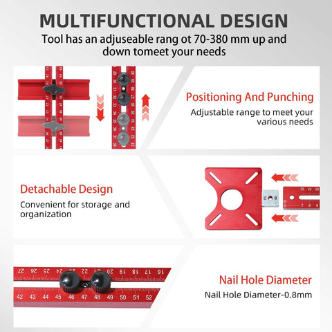 Multifunctional design of 4-in-1 tool showing adjustable range, positioning and punching, suitable for precise woodworking tasks.