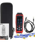 K-type four-channel digital thermometer data logger, red handheld unit with blue LCD display, includes case and probes