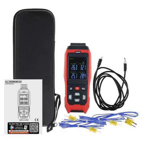 K-type four-channel digital thermometer data logger, red handheld unit with blue LCD display, includes case and probes