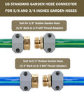 Garden Hose Repair Kit Set With Aluminum End Connectors Includes 3 Male And 3 Female Hose Menders 6 Zinc Clamps And Washers Fits Five Eighths Inch And Three Quarters Inch Hoses Quick DIY Easy Leak Fix For Outdoor Yard Use showing connectors for 5/8 and 3/4 inch hoses.