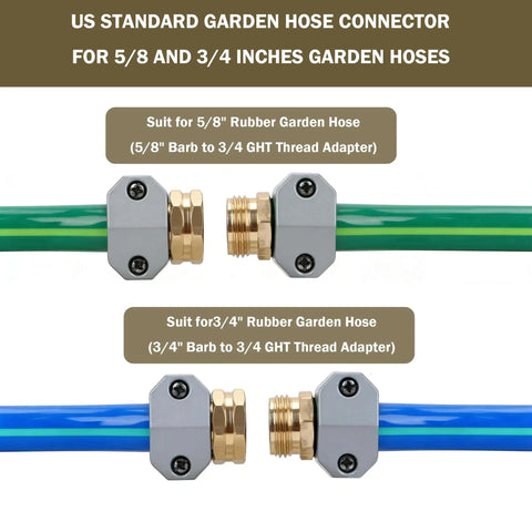 Garden Hose Repair Kit Set With Aluminum End Connectors Includes 3 Male And 3 Female Hose Menders 6 Zinc Clamps And Washers Fits Five Eighths Inch And Three Quarters Inch Hoses Quick DIY Easy Leak Fix For Outdoor Yard Use showing connectors for 5/8 and 3/4 inch hoses.
