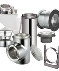 Straight Up 6 Inch Class A Double Wall Chimney Through Wall Kit With Spark Guard Cap And Adjustable Bracket For All Fuel 304 Stainless Steel Pipes With HST Wall Thimble Sleeve components including pipes and connectors.