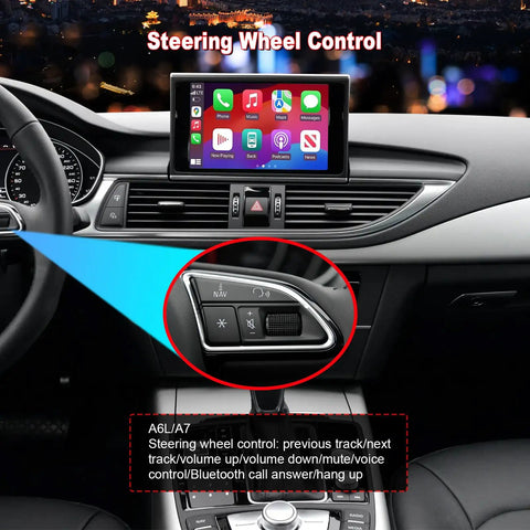 Audi dashboard with installed Wireless CarPlay Android Auto Retrofit Kit Decoder Box For Audi A6L 2016 2017 2018 And Audi A7 2018 Interface Box Upgrade GPS Navigation Mirror Link Backup Camera Siri Support