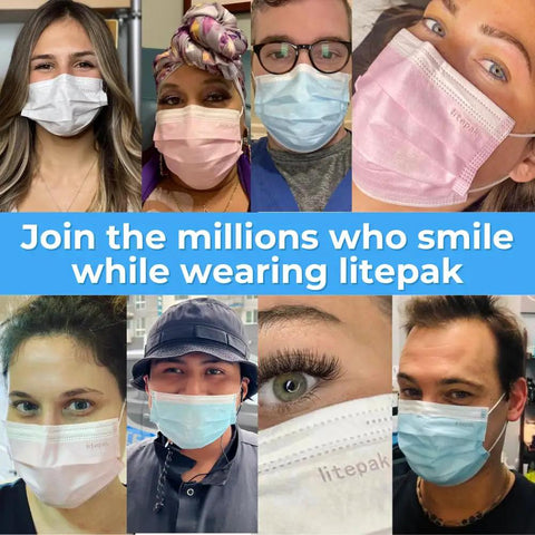 Collage of people wearing colorful face masks with a slogan promoting Litepak masks for everyday use.