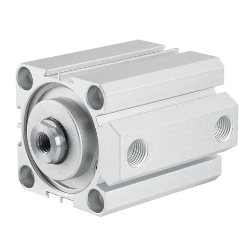 Compact Double Acting Air Cylinder Workhorse With 50mm Bore And 50mm Stroke Aluminum Body, front view showing threaded rod and ports.