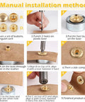 Step-by-step guide for using Pale Gold Snap Fasteners Kit For Leather Craft DIY 50 Sets, 200 Pieces, Includes 4 Tools, 10mm Press Studs Button Snaps In Pale Gold Finish For No Fuss Stitching And Quick Projects.