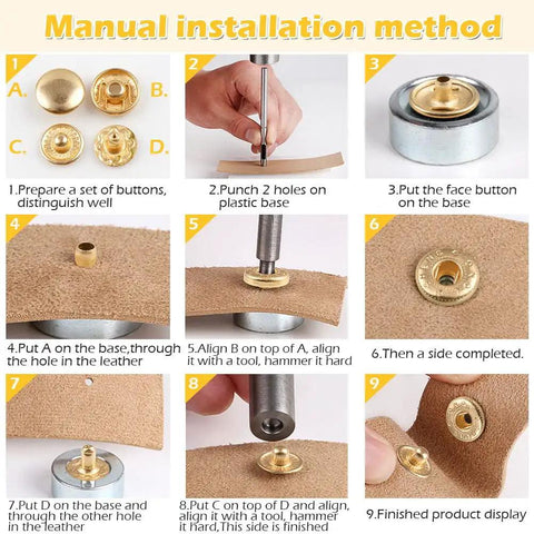 Step-by-step guide for using Pale Gold Snap Fasteners Kit For Leather Craft DIY 50 Sets, 200 Pieces, Includes 4 Tools, 10mm Press Studs Button Snaps In Pale Gold Finish For No Fuss Stitching And Quick Projects.