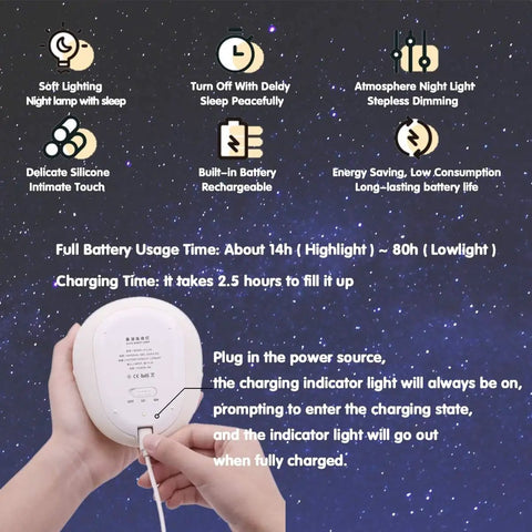 Charging Slug Night Light Squishy Silicone Lamp with instructions for use and battery details against a starry background