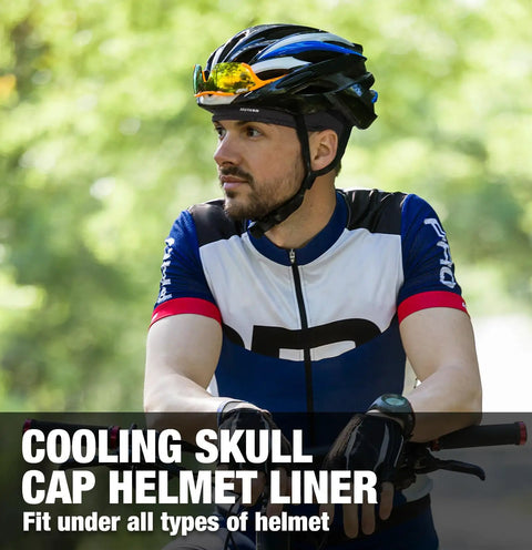 Cyclist wearing blue and black helmet with Cooling Skull Cap Liner For Helmets Lightweight Mesh Under Helmet Cap For Cycling And Motorcycle.