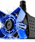 Tough As Iron Submersible Pond Pump Delivers 5000 Gallons Per Hour with water spraying around the blue and black pump.