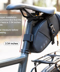 Expandable Bike Seat Bag Under Seat Waterproof Saddle Bag For Mountain Road And Commuter Bikes 1.5L To 2L Capacity Durable Weatherproof Storage For Tools And Essentials On The Go attached under a bike seat with installation measurement guidance shown.