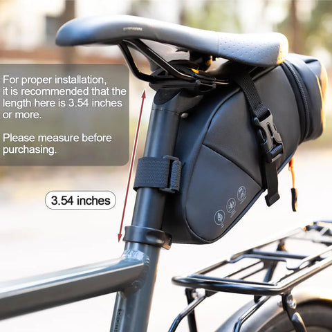 Expandable Bike Seat Bag Under Seat Waterproof Saddle Bag For Mountain Road And Commuter Bikes 1.5L To 2L Capacity Durable Weatherproof Storage For Tools And Essentials On The Go attached under a bike seat with installation measurement guidance shown.