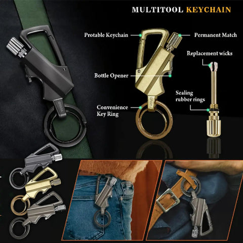Black and gold 3 In 1 Lighter With Permanent Match Function, Multitool Keychain Bottle Opener, carabiner attached to belt