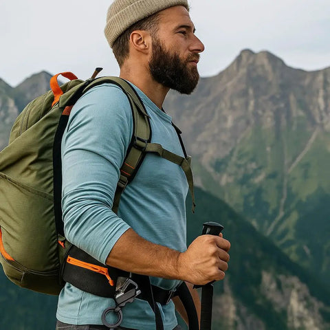 Man hiking with backpack carrying 3in1 Lighter With Multitool Keychain And Bottle Opener on waist, mountains in background