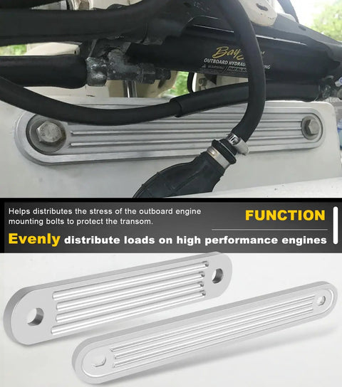 Beefy Transom Mount Plate Kit For Standard Top And Lower Bolt Holes Heavy Duty Cast Aluminum Three Eighths Inch Thick 12 By 2 And 15 By 2 Inches Universal Outboard Mount Plate Set Two Pack installed on engine and isolated