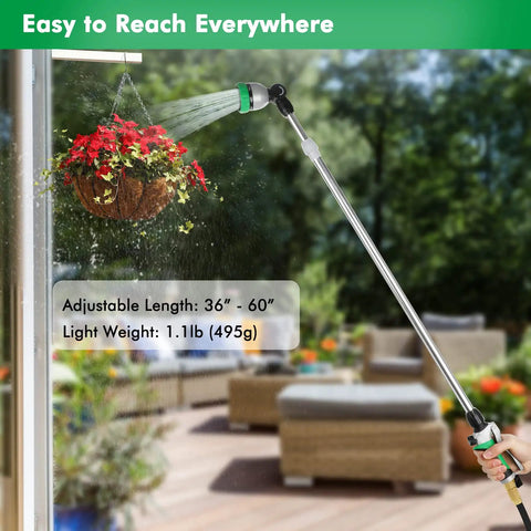 Extendable Watering Wand With 36 To 60 Inch Reach, 180 Degree Adjustable Ratcheting Head, watering a hanging basket