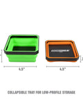 Foldable Magnetic Parts Tray Set For Mechanics Collapsible Four A Half Inch Square Tray With Two Pound Capacity in green and orange