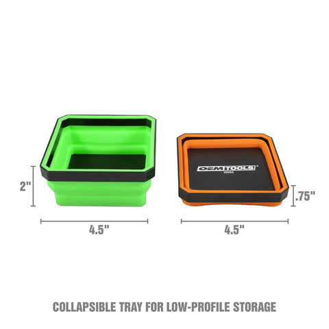 Foldable Magnetic Parts Tray Set For Mechanics Collapsible Four A Half Inch Square Tray With Two Pound Capacity in green and orange
