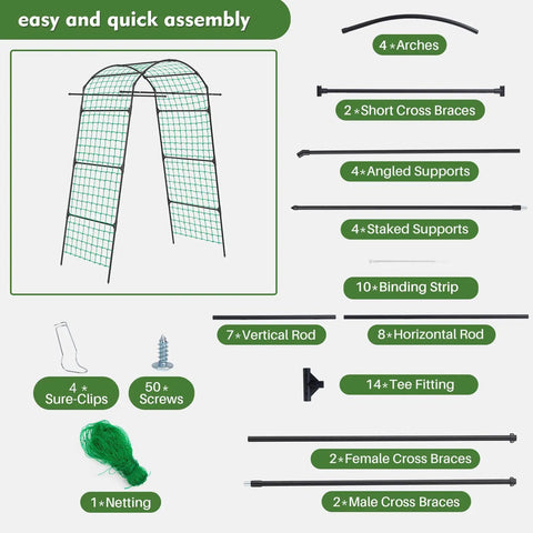 Tall Garden Arch Trellis For Climbing Plants, assembly parts layout including arches, braces, and hardware, 86 inch metal garden archway