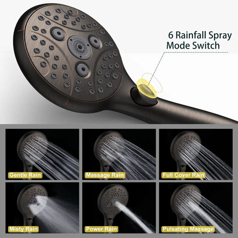 Oil rubbed bronze shower head with 7 settings handheld with on off pause switch, high pressure with 71 inch hose, water saving mode.