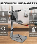 Hella Sturdy Universal Drill Press Stand Top Shelf Workbench Mount with heavy-duty vise base and adjustable drill clamp for precision drilling.