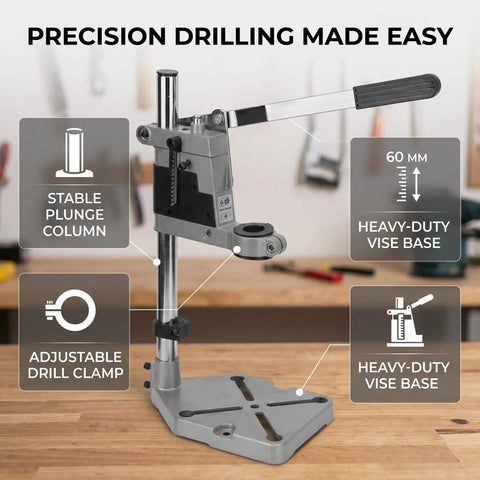Hella Sturdy Universal Drill Press Stand Top Shelf Workbench Mount with heavy-duty vise base and adjustable drill clamp for precision drilling.