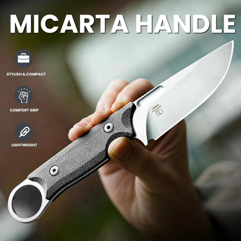 Close-up of Cabox Fixed Blade Knife 3.35 Inch D2 Steel Blade with Micarta Handle held in hand showcasing comfort grip.