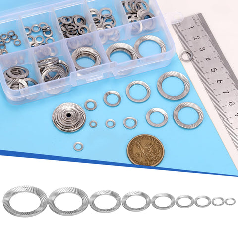 Front view of Glarks 160pcs stainless steel double-side lock washers in a clear plastic organizer, showing multiple sizes.