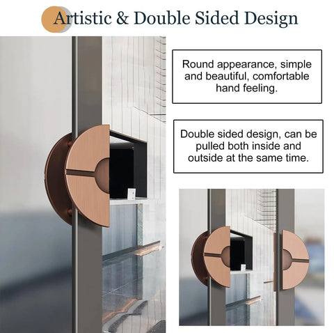 Heavy Duty Round Glass Door Handle Double Sided Push Pull For Office And Meeting Room 31.5 Inch Bronze Finish Semi Circular Design Built To Take A Beating For High Traffic Doors Easy Grip installed on glass door, close-up view.