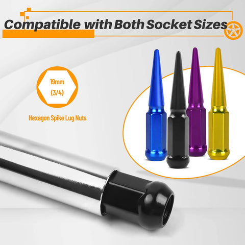 Spike Lug Nut Socket Key 19mm Hex Universal Replacement Tool with spiked lug nuts in various colors for cars, trucks, SUVs.