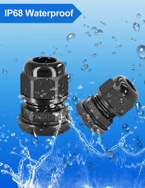 Waterproof IP68 All In One Cable Gland Kit with water splash, showcasing durability and build of PG sizes for electrical sealing.
