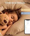 Child sleeping with teddy bear, smartphone showing timer with Six Inch LED Recessed Lighting Kit with RGB Tunable White Dimmable Color Changing Downlights IC Rated ETL Certified 1200 Lumen Works with Alexa and Google Home Sync to Music 6 Pack settings