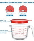 Must Have Glass Measuring Cups Set With Lids, 4 Piece Borosilicate Kitchen Measuring Cups shown with red lid, filter and full spout