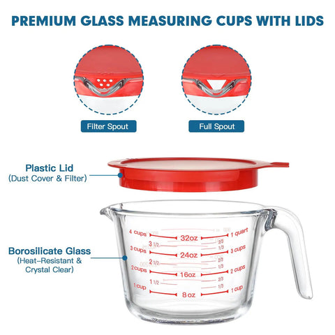 Must Have Glass Measuring Cups Set With Lids, 4 Piece Borosilicate Kitchen Measuring Cups shown with red lid, filter and full spout