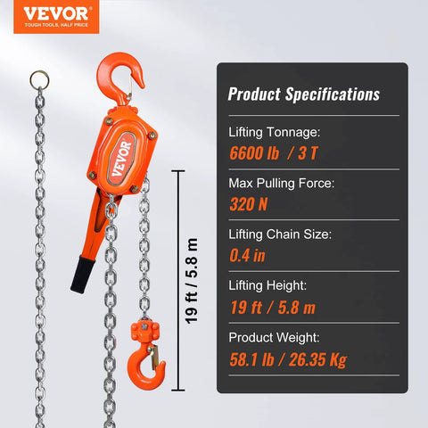Orange VEVOR manual lever chain hoist with galvanized carbon steel chain and hooks, 3 ton capacity
