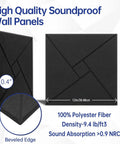 Twelve Piece Heavy Duty Acoustic Foam Wall Panels Crafted For Home Studios And Modern Workspaces Delivering Top Shelf Sound Dampening And Flame Retardant Coverage, 12in panels with beveled edges.