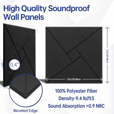Twelve Piece Heavy Duty Acoustic Foam Wall Panels Crafted For Home Studios And Modern Workspaces Delivering Top Shelf Sound Dampening And Flame Retardant Coverage, 12in panels with beveled edges.