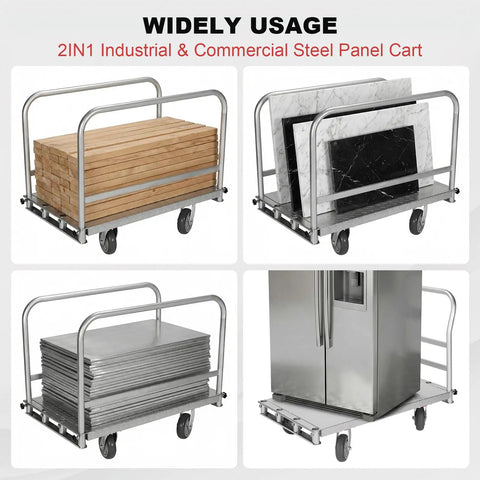 Beast Steel Panel Cart With Four Swivel Casters 2500 Lb Capacity 36x24 Inch Steel Board Three Side Handrails Heavy Duty Platform Truck For Panels Tables And Bulk Goods, steel cart carrying panels, boards, and a refrigerator