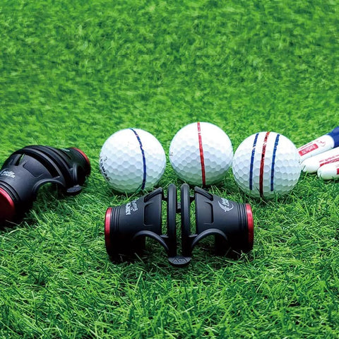 Pro Grade Liner Black Golf Ball Marker Alignment Tool Kit with 360 Degree Triple Line Stencil on grass