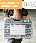 Person holding Pro Grade 304 Stainless Steel Adjustable Worm Gear Hose Clamps Kit With 200 Piece Assortment Sizes From Quarter Inch To Two Inch For Plumbing Auto Marine Fuel Lines And Silicone Hose in a clear storage box.