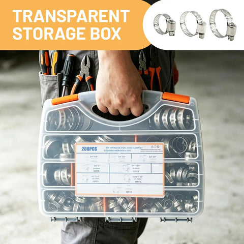 Person holding Pro Grade 304 Stainless Steel Adjustable Worm Gear Hose Clamps Kit With 200 Piece Assortment Sizes From Quarter Inch To Two Inch For Plumbing Auto Marine Fuel Lines And Silicone Hose in a clear storage box.