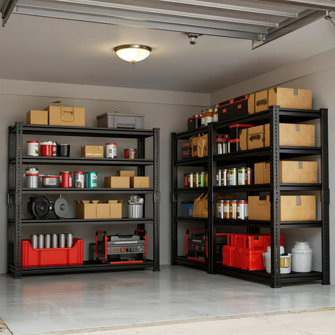 Commercial Grade Five Tier Steel Shelving Unit With Fully Adjustable Heights Rock Solid Workhorse For Warehouse And Garage Setup 2500 Lb Capacity Tough As Nails Metal Storage Rack filled with bins and boxes.