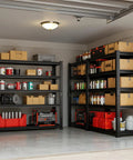 Five Tier Heavy Duty Adjustable Metal Garage Storage Shelves Black Steel Rack With Massive 2200 Pound Load Rating Featuring Badass Durability For Shop Tools And Hardware organizing garage tools and storage bins.