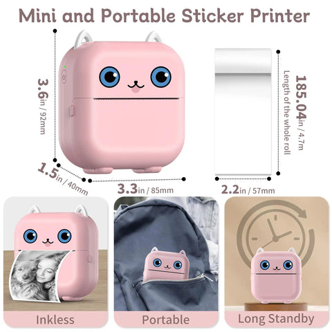 Dope Mini Sticker Printer And Portable Bluetooth Inkless Thermal Photo Maker With Pink Cat Design, 3.6x3.3x1.5 in.