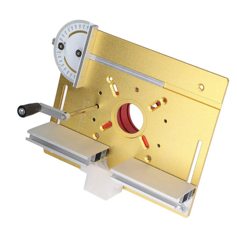 Shop Tough Router Lift Kit With Effortless Manual Crank And Sturdy Steel Guides, Aluminum Alloy Table Insert Base For Woodworking Projects, Smooth Height Dialing And Rock Solid Stability In Bold Red. Gold metal router lift with measurement dials.