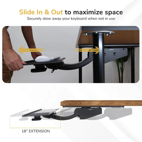 Adjustable Under Desk Keyboard And Mouse Tray Smooth Glide Platform featuring ergonomic wrist rest, 18-inch extension for easy storage.
